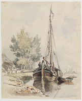 TvB T 449
<br/>
Platbodem aangemeerd bij een dorp
<br/>
<em>Huysmans, Constantinus Cornelis (1810-1886)</em>
